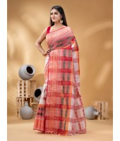 Bengal Cotton Women's Tant Cotton Saree (Red White)