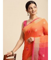 dB DESH BIDESH Women`s Pure Cotton Traditional Bengali Tant Handloom Cotton Saree Round Desigined With Blouse Piece (Yellow Pink)