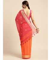 dB DESH BIDESH Women`s Pure Cotton Traditional Bengali Tant Handloom Cotton Saree Round Desigined With Blouse Piece (Yellow Pink)