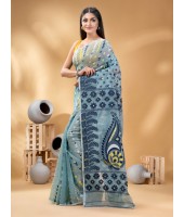 Resham Dhakai Jamdani Pure Cotton Handloom Saree Lojjaboti Design without Blouse Piece (Firoza Blue)