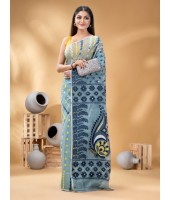 Resham Dhakai Jamdani Pure Cotton Handloom Saree Lojjaboti Design without Blouse Piece (Firoza Blue)