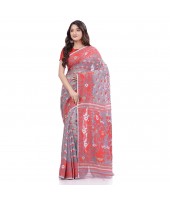 Phulkari Resham Dhakai jamdani Bengal Pure Cotton Handloom Saree Whole Body Design without Blouse Piece (Gray Red)
