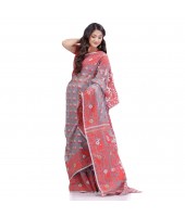 Phulkari Resham Dhakai jamdani Bengal Pure Cotton Handloom Saree Whole Body Design without Blouse Piece (Gray Red)