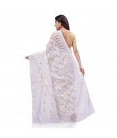 Traditional Tamarind Leaf Resham Dhakai Jamdani Pure Cotton Handloom Saree without Blouse Piece(White)