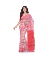 Nakshakata Dhakai Jamdani Pure Handloom Cotton Saree (White-Red) with Whole Body Design - Durga Puja Collection
