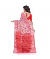 Nakshakata Dhakai Jamdani Pure Handloom Cotton Saree (White-Red) with Whole Body Design - Durga Puja Collection