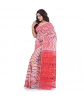 Nakshakata Dhakai Jamdani Pure Handloom Cotton Saree (White-Red) with Whole Body Design - Durga Puja Collection