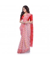 Nakshakata Dhakai Jamdani Pure Handloom Cotton Saree (White-Red) with Whole Body Design - Durga Puja Collection