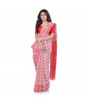 Nakshakata Dhakai Jamdani Pure Handloom Cotton Saree (White-Red) with Whole Body Design - Durga Puja Collection