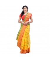 Ganga Jamuna Bengal Handloom Cotton Tant Saree Without Blouse Piece (yellow_red)