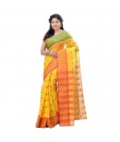 Ganga Jamuna Bengal Handloom Cotton Tant Saree Without Blouse Piece (yellow_red)