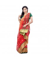 Ganga Jamuna Bengal Handloom Cotton Tant Saree without Blouse Piece (Red_green)