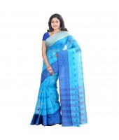Pure Cotton Traditional Handloom Ganga Jamuna Zori Design Bengal Tant Saree Without Blouse Pcs (Blue)