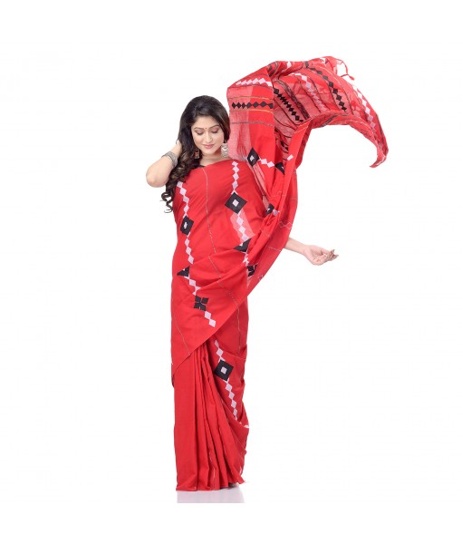 DESH BIDESH Women`s Bengali Khesh Pure Cotton Handloom Saree Diamond Designed With Blouse Piece(Red)