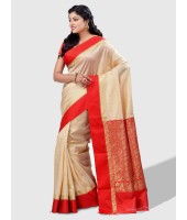 DESH BIDESH Women's Bengal Garad Silk Traditional Saree with Fine Smooth All Over Work and Blouse Piece (Off-White and Red)