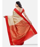 DESH BIDESH Women's Bengal Garad Silk Traditional Saree with Fine Smooth All Over Work and Blouse Piece (Off-White and Red)