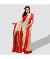 DESH BIDESH Women's Bengal Garad Silk Traditional Saree with Fine Smooth All Over Work and Blouse Piece (Off-White and Red)