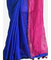 Cotton Silk and Bengal Soft Khadi Cotton Mix Ghicha Handloom Saree With Blouse Piece (Blue Deep Pink)