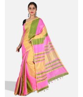 Bengal Soft Khadi Cotton Mix Ghicha Handloom Saree With Blouse Piece (Pink Green Yellow)