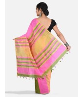 Bengal Soft Khadi Cotton Mix Ghicha Handloom Saree With Blouse Piece (Pink Green Yellow)