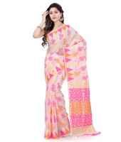 Women`s Handloom Soft Resham Dhakai jamdani Bengal Cotton Silk Tant Saree Whole Body Kolka Design with Blouse Pcs (Pink Orange)
