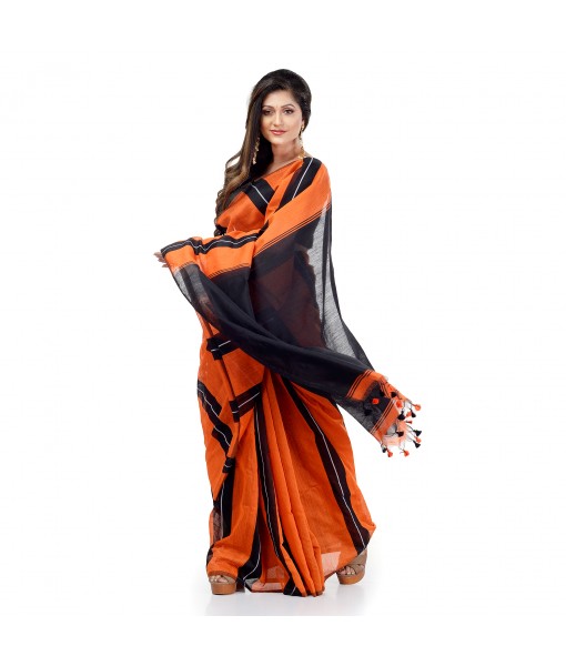 Bengal Handloom Cotton Silk Saree With Blouse Piece (Orange Black)