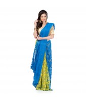 Traditional Bengal Handloom Tant Dhakai Jamdani Cotton Saree Whole Body Design(Blue Yellow)