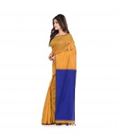 Bengal Half Half Ghicha Handloom Cotton Silk Saree With Blouse Piece (Mustard Yellow Blue)