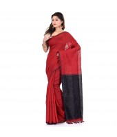 Bengal Half Half Ghicha Handloom Cotton Silk Saree With Blouse Piece (Red Black)