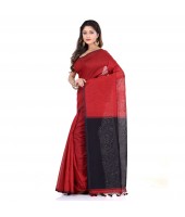 Bengal Half Half Ghicha Handloom Cotton Silk Saree With Blouse Piece (Red Black)