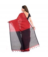 Bengal Half Half Ghicha Handloom Cotton Silk Saree With Blouse Piece (Red Black)