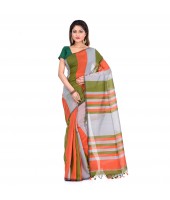 Khadi Ghicha Handloom Cotton Silk Saree With Blouse Piece (Orange Silver Green)