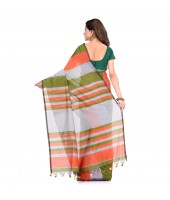 Khadi Ghicha Handloom Cotton Silk Saree With Blouse Piece (Orange Silver Green)