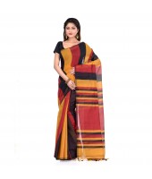 Bengal Khadi Ghicha Handloom Cotton Silk Saree With Blouse Piece (Black Yellow Red)