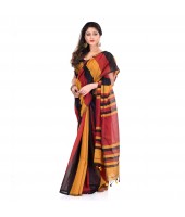 Bengal Khadi Ghicha Handloom Cotton Silk Saree With Blouse Piece (Black Yellow Red)