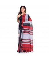 Bengal Khadi Ghicha Handloom Cotton Silk Saree With Blouse Piece (Black Silver Red)