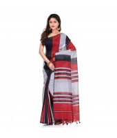 Bengal Khadi Ghicha Handloom Cotton Silk Saree With Blouse Piece (Black Silver Red)