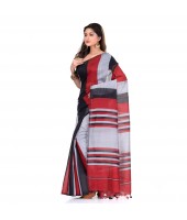 Bengal Khadi Ghicha Handloom Cotton Silk Saree With Blouse Piece (Black Silver Red)