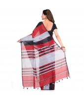 Bengal Khadi Ghicha Handloom Cotton Silk Saree With Blouse Piece (Black Silver Red)